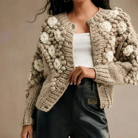 Sweaters - Khaki Casual Women's Crew Neck Long Sleeve Thick Knitted Loose Sweater Jacket